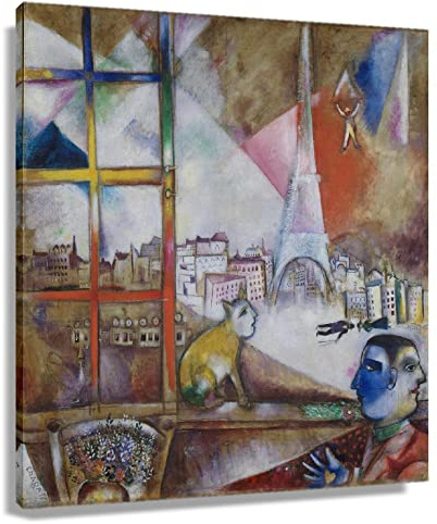 Marc Chagall - Póster de Paris Through the Window para sala de estar, lienzo retro, pintura moderna para decoración de paneles de pared (enmarcado, 40 x 40 cm)