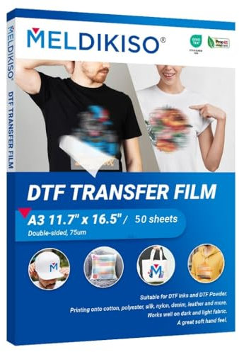 MELDIKISO DTF Transferfolienpapier, A3 (29,7 x 41,9 cm), 50 Blatt, doppelseitig, glänzend, transparent, Vorbehandlungsblätter, PET-Wärmetransferpapier für DYI Direktdruck auf T-Shirts, Textil