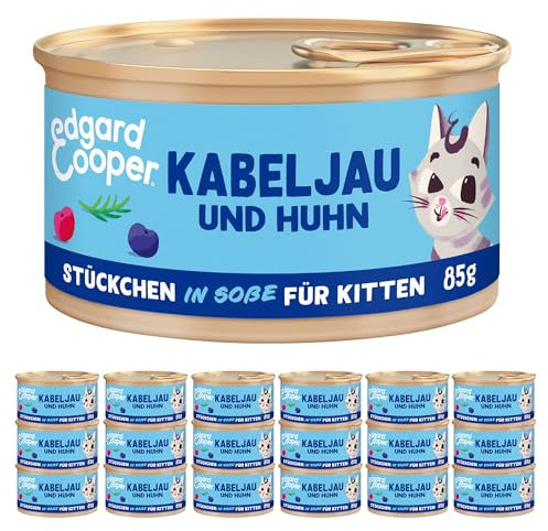 Edgard Cooper Kitten Nassfutter, (Kabeljau und Huhn, 85g x 18), Katzenfutter nass in Sauce ohne Zucker und Getreidefrei, für sterilisierte und aktive Katzen