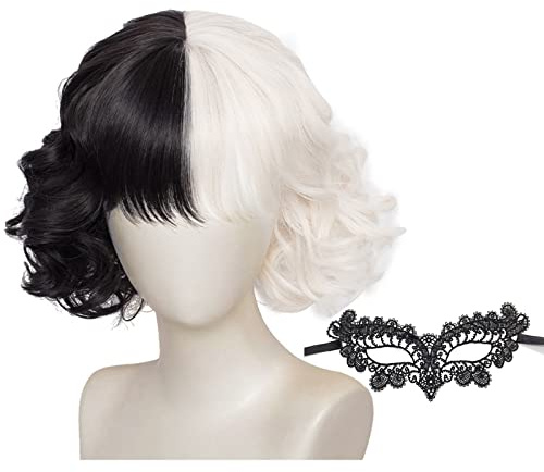Halb Schwarz Halb Weiß Perücke - Halloween Kurze Gewellte Schwarz-Weiße Perücke für Cosplay, Karneval und Party Fancy Dress