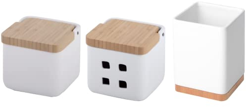 Set 3 Accesorios Cocina, Salero, Portautensilios y Tarro Ajos, Blanco | Cerámica y bambú, incluye salero de cocina, bote para utensilios y guarda ajo con ventilación, tapas basculantes