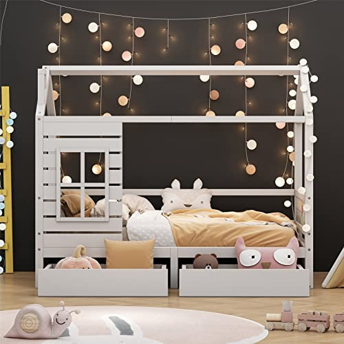 HUMNZR Hausbett Kinderbett, 200x90 Massivholz Kinderbett mit Rausfallschutz，vielseitiges Holz Kinderbett für Jungen & Mädchen