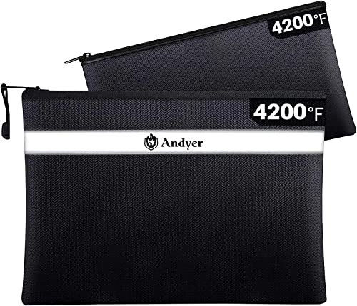 Andyer Fireproof Document Bag with Money Bag - 2 Pack 13.4 x 10 and 11 x 6 Waterproof Fireproof Money Bag for Cash, Small Fireproof Safe Pouch, Fire Proof Bag for Documents/Valuables with Zipper