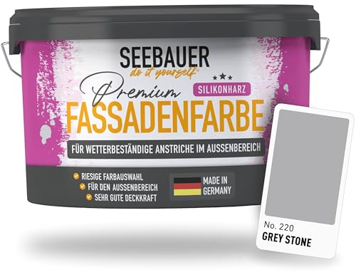 SEEBAUER diy Silikonharz-Fassadenfarbe Grau 10L für Außen (No. 220 Grey Stone) Selbstreinigende Fassadenfarbe mit Lotuseffekt - Geeignet für Putz, Mauerwerk und Beton