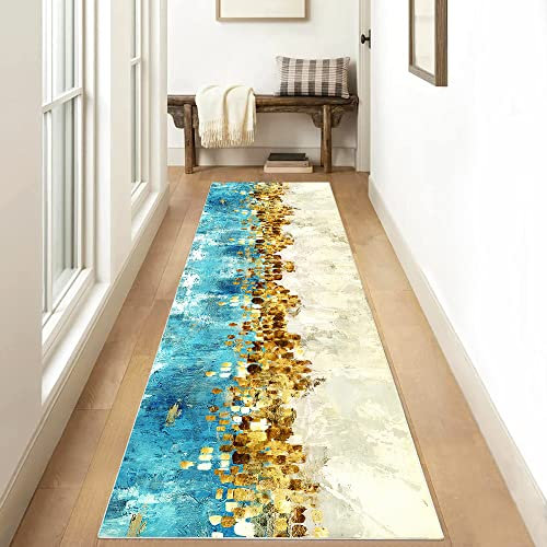 Siunwdiy Teppich Läufer Flur rutschfest Meterware Türkis Beige und Gold 80x180cm Modern Abstrakt Küchenläufer Kurzflor Waschbar Lang Teppichläufer Polyester Korridor Schlafzimmer, Anpassbar