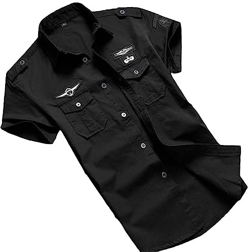 USTZFTBCL Camicia militare da uomo, in cotone, a maniche corte, retrò, vintage, ricamo nero, Black Military Shir, L