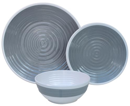 Premium 12pc Melamine Plate and Bowl Dinner Set Camping Tableware (Grey)