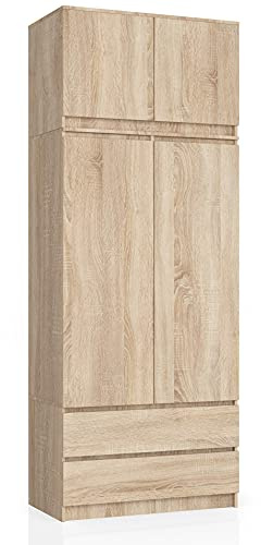 AKORD Kleiderschrank S90 mit Erweiterung 90 cm | mit 2 Türen und 2 Schubladen | Kleiderschrank mit Auszug | Geräumiger Innenraum | B90 x H234 x T51 cm | Gewicht 104,55 kg | Sonoma Eiche/Sonoma Eiche