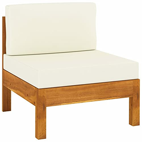 Homgoday Mittelsofa mit Cremeweißen Kissen Sofa Gartensofa Sofa Lounge Einzelsofa Loungesofa Gartenmöbel Garten Lounge Terrasse Balkon Massivholz Akazie