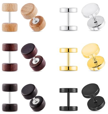 Longbeauty 6 Paar 16G Herren Damen Holz Edelstahl Ohrstecker Set Ohrringe Ohrläppchen Fake Plug Tunnel Schraube Ohr Piercing Ohrschmuck, Stil A, 6MM