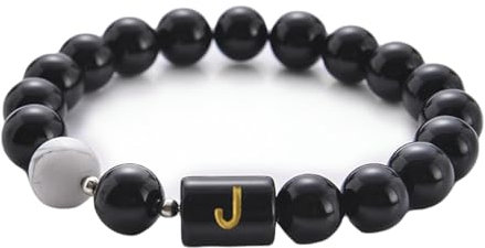 Daesar Armband für Herren, Perlen Armbänder 10MM Männer Schwarz Onyx mit Buchstabe J Charm Chakra Armband Personalisiert 17-21.5CM