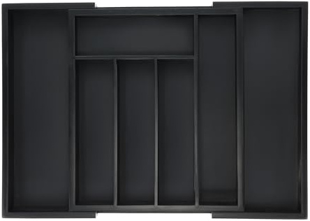 Relaxdays Besteckkasten, ausziehbar, 5 bis 7 Fächer, Schubladen Ordnungssystem, Bambus & MDF, Besteck Organizer, schwarz
