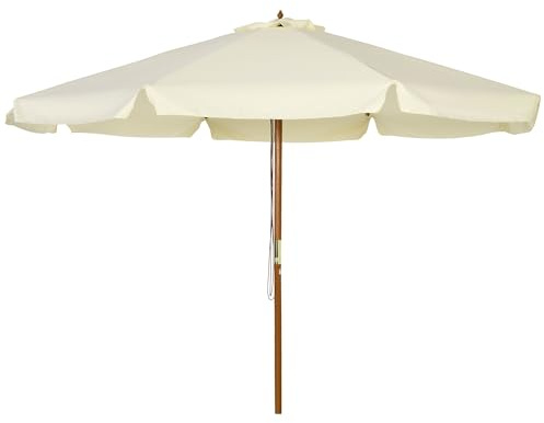 Outsunny Sombrilla Terraza Exterior Ø325 cm Sombrilla de Jardín con Sistema de Polea Techo Ventilado 8 Varillas de Bambú y Poste de Madera Parasol para Patio Terraza Crema