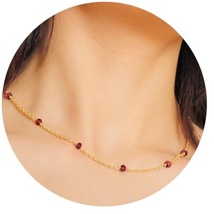 Garnet Necklace for Women, Premium Beaded Gold Necklaces for Women - Tarnish Free 18K Gold Vermeil Certified S925 Classic Statement Necklace Gold Jewelry for Women - Mothers Day Gifts for Mom Wife