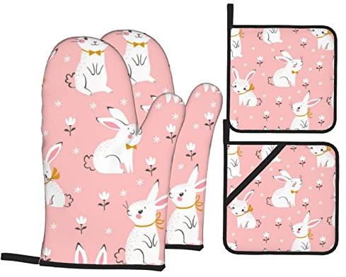 Niedliche weiße Ofenhandschuhe und Topflappen, 4-teiliges Set, hitzebeständige heiße Pads, rutschfeste Kochhandschuhe zum Kochen, Backen, Grillen