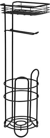 WENKO Toilettenrollenhalter freistehend Toilettenpapierhalter mit Ablage 3-in-1-Funktion für WC-Rolle und Ersatzrollenhalter bohrfrei Bad-Accessoire aus rostfreiem Stahl in Schwarz 16 x 59 x 18 cm