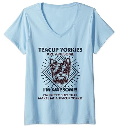 Womens Dog Dad Are Awesome - Breed Teacup Yorkie Dog Mom V-Neck T-Shirt
