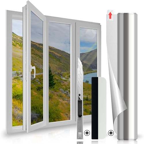 Film Occultant Fenêtre Anti Regard, Film Fenetre Anti Regard Miroir Anti UV avec Raclette, 44.5x300cm Film Occultant Fenetre sans Colle, Film Fenetre Anti Chaleur, Film sans Tain pour Fenetre