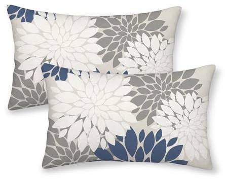 CXMEIFLY Juego de 2 fundas de almohada azul marino, blanco y gris, 12 x 20 pulgadas, decoración floral de dalia, fundas de cojín decorativas para sofá, cama, decoración de verano