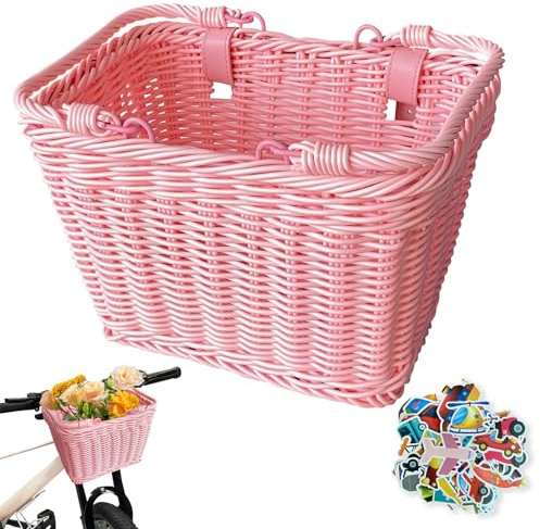 Kids Bike Basket Front,Kids Scooter Basket,Cute Pink Square Wicker Bicycle Basket for Boys Girls, Detachable Handlebar with Adjustable Leather Straps