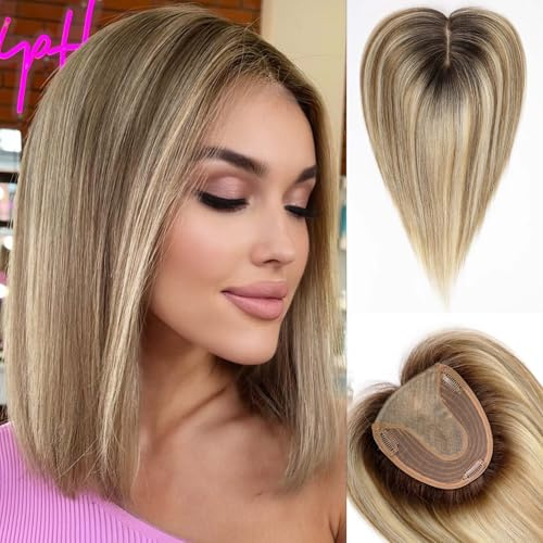 HAIRCUBE Echthaar-Haarteil ohne Pony für Damen，5x5,5 Zoll Basis，14 Zoll Ombré Braun mit Blond-Strähnen，zur Deckung von grauen Ansätzen und dünner werdendem Haar