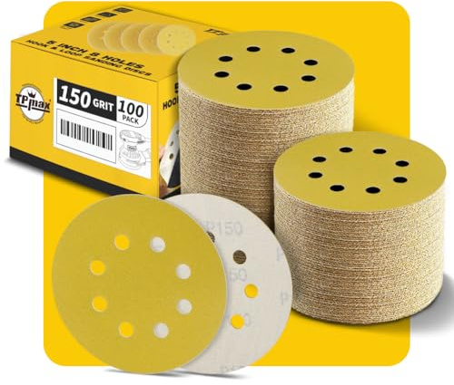 100 st 5 tum 150 korn 125 mm 8 hål slipskivor sandpapper – premium guld rund krok och ögla för slumpmässig orbital slipmaskin – perfekt för trä, metall, bil