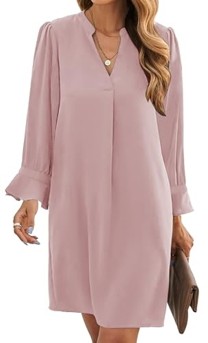 Famulily Women Casual Long Sleeve Dresses Solid Color Vintage Midi Dress Flowy Swing Dresses Pink XL
