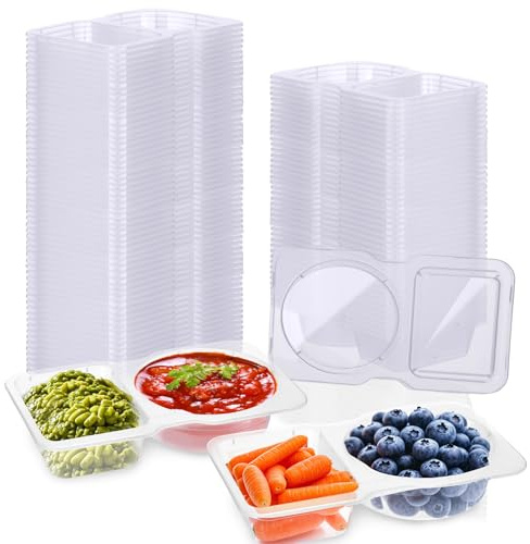 Lot de 50 récipients à condiments à double compartiment avec couvercles, jetables à 2 compartiments en plastique transparent pour les voyages