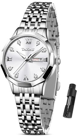 Taxau Ladies' Watches Silver Watch with Date Elegant Waterproof Womens Watches Classic Quartz Watch Wrist Women with Stainless Steel Strap reloj Hombre