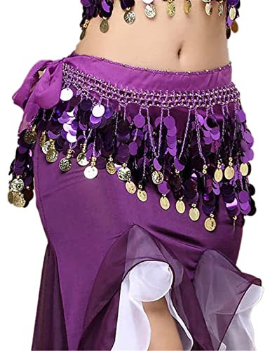 LVUNZJCA Damen Bauchtanz Hüfttuch Kleidung Hüfttuch Verstellbare Passform 56 Goldmünzen Bauchtanz Wickelgürtel für Tanz, Yoga(Lila)