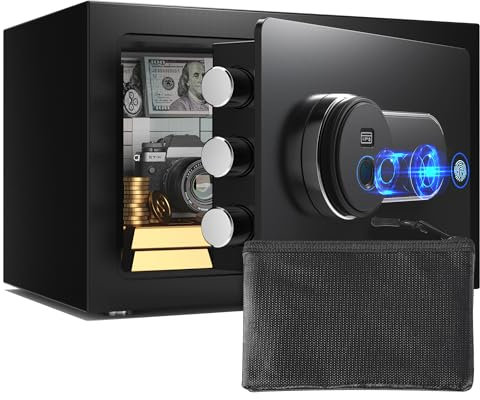 Marcree Safe Box with Fireproof Waterproof Bag, 0.5 Cub Small Home Safety Box with Key, Biometric Fireproof Personal Safes, Fingerprint Money Safe for Home Hotel Bedroom, Fingerprint Unlock