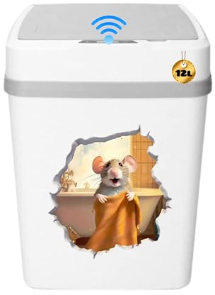 Papelera inteligente 12l, cubo de basura sensor de tapa automática, papelera pequeña ideal para el baño, cubo color blanco con dibujo de ratón gracioso.