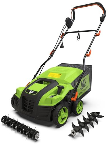 Escarificador eléctrico mejorado de 16 pulgadas, desenredador de césped con bolsa de recolección, ajuste de profundidad de 5 posiciones, ancho de trabajo más amplio, diseño de mango plegable para un