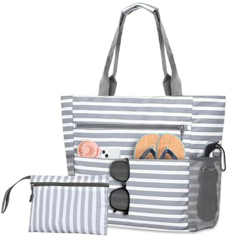 Ecofocet Strandtasche mit Reißverschluss, Strandtasche XXL Familie, Badetasche Wasserdicht, Saunatasche, Reisetasche Damen, Tote Bag Leicht für Strandurlaub Reise Einkaufen Sport Aufbewahrung (Grau)