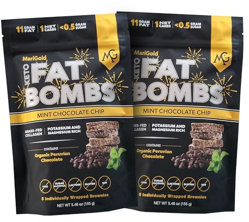 MariGold Keto Fat Bombs Snacks - Mint Chocolate Chip - Low Carb, Collagen Rich, Organic Cocoa Butter, Dark Chocolate, Organic Peppermint, Gluten-Free, Non-GMO (2 bags, 5 Servings Each)