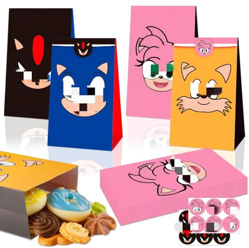 Geschenktüten Soni- 12 Stück Sonc Papiertüten mit 12 Aufkleber Sticker Kinder Party Geschenktüte Mitgebsel Kindergeburtstag Candy Bar Süßigkeiten Tüten Geschenken Giveaways Party Bags Supplies