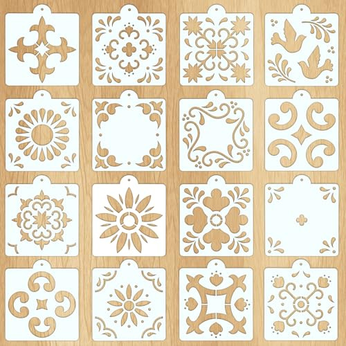 16 Pcs Wall Stencil Set, 8X8 Inch Wall Stencils for Painting with O-Ring Hook, Talavera Stencil for Painting on Furniture, Floor, Walls, Canvas, Resuable Tile Stencils for Home Décor