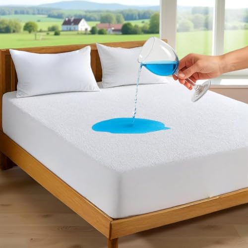 Elite Essentials 100% Waterproof Mattress Protector, Cotton Terry Top – Non-Noisy & Anti-Allergy Single Mattress Protector (90x190cm) Extra Deep 30cm Stretch Skirt – White