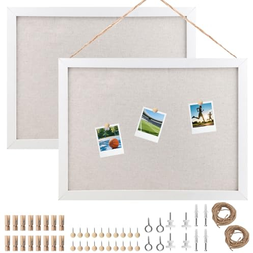 CHIHEUNG 2 Sets Linen Pin Board 40x30cm, Cork Bulletin Board for Walls, White Wooden Photo Display, Picture Hanging Panel for Home Kitchen Office Wall Decor