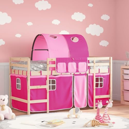 Eleganz Kinderhochbett mit Tunnel & Rutsche aus Massivholz Kiefer (unbehandelt) | 90x190 cm | Spielbett für Kinderzimmer | Stabiles Holz Bett mit Rutsche für Mädchen & Jungen | Rosa
