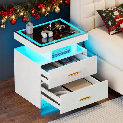 Gurexl Smart Nachttisch mit USB & Kabelloses Ladefunktion,Bedside Table mit 3 Farbigen Lichtern und Glasplatte,Nachtkommode mit Offene Fächer und Intelligente Sensorik,für Schlafzimmer,weiß