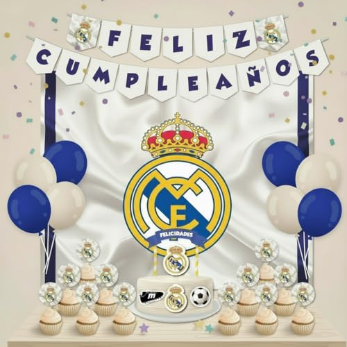 Decoración Cumpleaños Madrid - 1 Cartel 100x80cm, 2 Banderines, 1 Cake Topper, 12 Toppers - Diseño para Fiestas Infantiles (Pack 3)