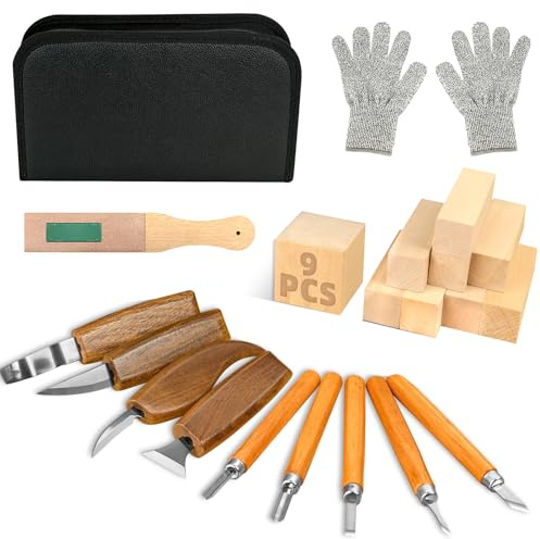 23 PCS Wood Whittling Kit for Adult Beginners, Woodworking Tools Set with 9 Basswood Blocks, 9 Whittling Tools, Gloves, PU Storage Bag