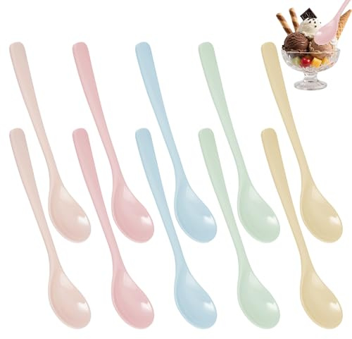 10-pack äggskedar i plast, 16 x 3,4 cm Plastskedar långa färgglada, 5 färger, plastskedar återanvändbara, för kök och picknick, dessert, marmelad, yoghurt, kaffe