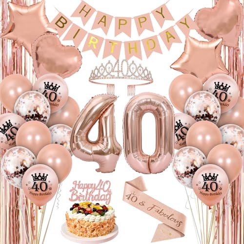 Dncvb Deko 40. Geburtstag Frauen 40 Geburtstagsdeko Luftballons | Rose Gold 40. Geburtstag Frauen Deko mit Krone Schärpe Glitzer Vorhang Luftballons Banner Tortendeko für 40th Party