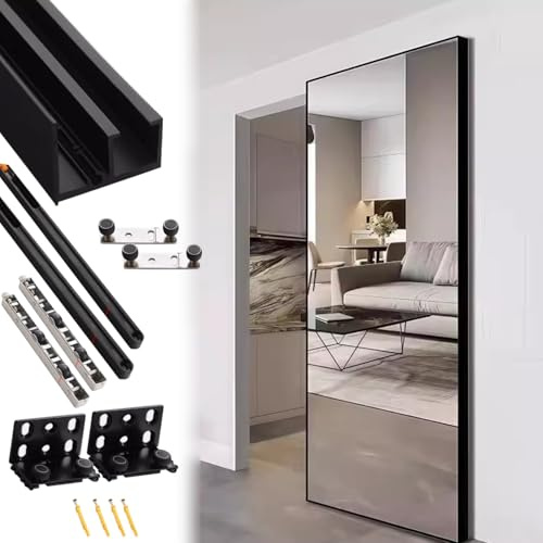 Minglez Kit Porte Coulissante Rail de Porte Coulissante Noir Miroir, Longueurs Disponibles : 91 61 81 102 122 86 122 152 cm, Rail de Porte Coulissante Invisible, Dissimulé(73cm/28.7in)