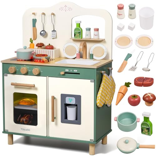 TOYWOO Cuisine en bois pour enfants avec lumière et son, cuisine de jeu pour enfants à partir de 3 ans avec set de nourriture à découper, évier, cuisinière et micro-ondes, jouet éducatif de jeu de