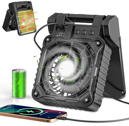 Ventilatore Solare Campeggio 10400 mAh con Lanterna LED, Batteria Ricaricabile, 4 Livelli di Velocità, Timer da 2 a 8 ore, Silenzioso, Ventilatore da Tavolo USB per Tende, Attività all'Aperto
