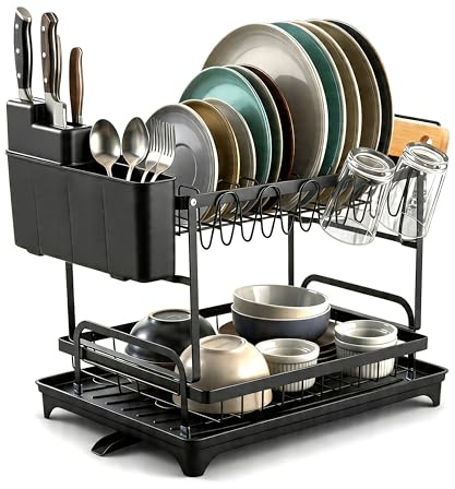 Crystals 2 Tier Dish Drying Rack, Kitchen Dish Drainer With Utensil Holder, Space-Saving Dish Rack, Stainless Steel Metal Anti Rust Drying Rack With A Cutlery Holder With Drain Board