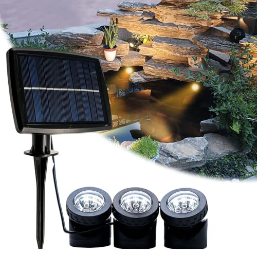 RNPKZ 3-in-1 Teichbeleuchtung LED Unterwasser, Warmweiß Unterwasser LED Strahler, IP68 Wasserdicht Solar Teichbeleuchtung, Auto Ein/Aus, für Pool Teich Yard Garten Baum Innen Außen Deko, Warmweiß